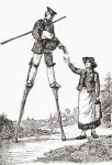 A postman in Landes, Bordeaux, France delivering letters whilst walking on stilts. This form of walking was adopted by many people in Bordeaux due to non existent roads and marshy, uneven terrain. From The Strand Magazine published 1897.