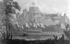 City of London State Barge moving up the River Thames, in front of Windsor Castle, on it's way to Oxford, after a watercolour of 1812 (engraving)