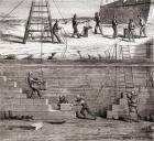 Workers in diving suits working on underwater constructions in the 19th century, from Les Merveilles de la Science, published c.1870 (engraving)