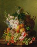 Still Life of Fruits and Flowers in a Wicker Basket on a Ledge.