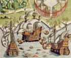 Naval Battle between the Portuguese and French in the Seas off the Potiguaran Territories, from 'Americae Tertia Pars...', 1592 (coloured engraving)