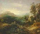 Landscape with travellers on a bridge (oil on canvas)