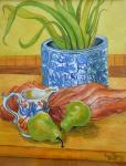 Blue and White Pot, Jug and Pears, 2006 (watercolour)