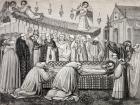 The death of St. Benedict of Nursia in the Abbey of Monte Cassino, from 'Military and Religious Life in the Middle Ages' by Paul Lacroix, published London c.1880 (litho)