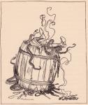 The wicked mother-in-law was put into a barrel full of boiling oil and venomous snakes. Illustration by Arthur Rackham from Grimm's Fairy Tale, The Twelve Brothers, published late 19th century.