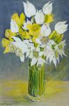 Daffodils and white tulips in an octagonal glass vase (gouache on paper)