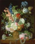 A Still Life of Roses, Tulips, Carnations, Stocks and Other Flowers in a Decorative Urn, Resting on a Stone Ledge