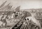 Phoenician sailors building a pontoon bridge across the Hellespont for Xerxes I of Persia enabling him to invade Greece, c. 480 BC. From Hutchinson's History of the Nations, published 1915.