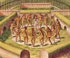 Dancing around a captive before the hut containing the Tamerkas or idols, from 'Americae Tertia Pars...', 1562 (coloured engraving)