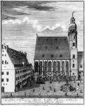 St. Thomas Church and School in Leipzig, 1723 (engraving) (b/w photo)