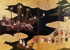 The Arrival of the Portuguese in Japan, detail of the left-hand section of a folding screen, Kano School (lacquer)