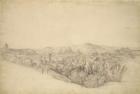 View from the Sabine hills over Tivoli in Campania with the gorge of the Anio on the right (pencil with sepia wash on paper)