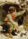 Young Boy with Birds in the Snow (colour litho)