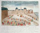 Perspective view of the arrival of Louis XVI (1754-93) at the Hotel de Ville, 17th July 1789 (coloured engraving)