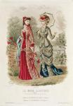 Fashion plate showing hats and dresses, illustration from 'La Mode Ilustree', 1879 (colour litho)