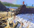 Climbing on the rocks,St Ives,(oil on canvas)