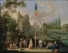 Elegant figures playing musical instruments around a maypole (oil on copper) (for detail see 86499)