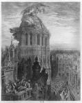Gargantua on the towers of Notre-Dame at Paris, illustration from 'Gargantua' by Francois Rabelais (1494-1553) engraved by Pannemaker (engraving) (b/w photo)