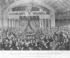 Daniel Webster addressing the United States Senate, in the Great Debate on the Constitution and the Union in 1850, 1860 (engraving) (b&w photo)