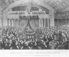 Daniel Webster addressing the United States Senate, in the Great Debate on the Constitution and the Union in 1850, 1860 (engraving) (b&w photo)