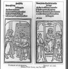 Pathelin and the Draper and Pathelin before the Judge, illustration from 'The Farce of Master Pathelin', c.1489 (engraving) (b/w photo)
