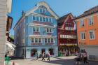 Appenzell, Appenzell Innerrhoden Canton, Switzerland. Street scene at corner of Hauptgasse and Landsgemeindeplatz.