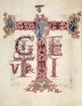 Col Lat 9428 f.15v Initial 'T'; The Ascension of Christ, from the 'Drogo Sacramentary', Carolingian (vellum)