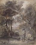 Wooded Landscape with Figures, c.1788 (chalk, wash and gouache on paper)