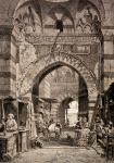 Entrance to the Khan el-Khalili souk in Cairo, in the 19th century, from 'El Mundo Ilustrado', published Barcelona, 1880 (litho)