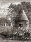 Early Gallic houses, a round cabin with a hole in the roof to allow the smoke from the fire to escape, from 'Les Merveilles de la Science', published c.1870 (engraving)