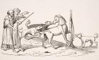 Fight between horse and dogs, reproduction of miniature in a 13th century manuscript, from 'Le Moyen Age et La Renaissance' by Paul Lacroix (1806-84) published 1847 (litho)