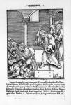 Christ Driving the Tradesmen and Money Lenders from the Temple from 'Passional Christi und Antichristi' by Philipp Melanchthon, published in 1521 (woodcut) (b/w photo)