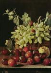 Still life with grapes, apple and plums (oil on canvas)