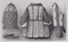 Indian panoply consisting of helmet, tunic, gauntlets and shoes from Bhuj, from 'The History of Mankind', Vol.III, by Prof. Friedrich Ratzel, 1898 (engraving)