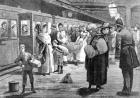 Hop-pickers starting from London Bridge railway station at midnight, 1891 (engraving)