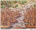 Battle Between Indian Tribes, from 'Brevis Narratio..', engraved by Theodore de Bry (1528-98) 1564 (coloured engraving)