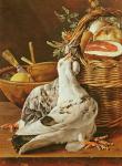 Still Life with pigeons, wicker basket, ham, onions and a lemon (oil on canvas)