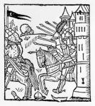Crusading knights ride out to do Battle (woodcut)