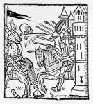 Crusading knights ride out to do Battle (woodcut)