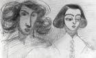 Self Portrait with George Sand (1804-76) (pencil on paper) (b/w photo)