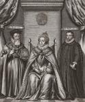 From left to right: William Cecil, 1st Baron Burghley, 1520-1598. Statesman, advisor to Queen Elizabeth I. Queen Elizabeth I, 1568-1603. Monarch of England and Ireland. Sir Francis Walsingham, 1532-1590. Principal secretary to Queen Elizabeth I. From a 17