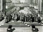 The Enthroning of King James II and Queen Mary (engraving) (b/w photo)