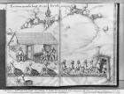 Silver mine of La Croix-aux-Mines, Lorraine, fol.10v and fol.11r, miners pushing trucks, c.1530 (pen & ink & w/c on paper) (b/w photo)