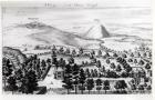 View from Avebury steeple of Silbury Hill, illustration from 'Stonehenge: a Temple Restored to the British Druids' by William Stukeley, 1740 (engraving) (b/w photo)