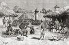 Reception for explorer Pietro Paolo Savorgnan di Brazza in Chief Ketimkuru's house, Uemba, Central Africa, from 'Africa Pintoresca', published 1888 (engraving)
