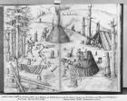 Silver mine of La Croix-aux-Mines, Lorraine, fol.21v and 22r, coalmen, c.1530 (pen & ink & w/c on paper) (b/w photo)