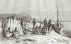 Congolese tribesmen by their boats on the Congo River in the 19th century, from 'Africa Pintoresca', published 1888 (engraving)