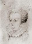 Queen Margot, Margeurite de Valois, 1553-1615 aged 20. 1st wife of Henry IV, daughter of Henry II of France and Catherine de Medicis. From an engraving after a drawing by an unknown artist.