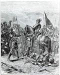 Battle of Bosworth Field: Lord Stanley bringing the Crown of Richard III (1452-1485) to Richmond, 22nd August 1485 (engraving) (b&w photo)