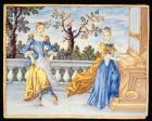 Two young women, one playing the organ and one dancing, 1630 (maiolica)
